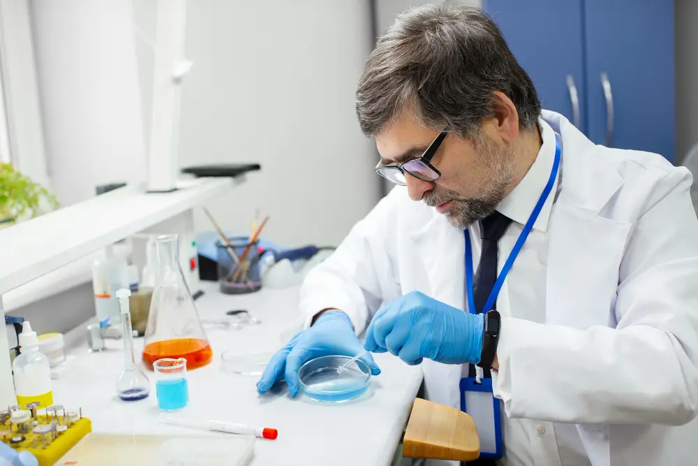 A lab staff is working with sample